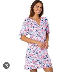 Lilly Pulitzer Easley Mini Dress Party Lobster Pink Blue XS Floral Cute Preppy